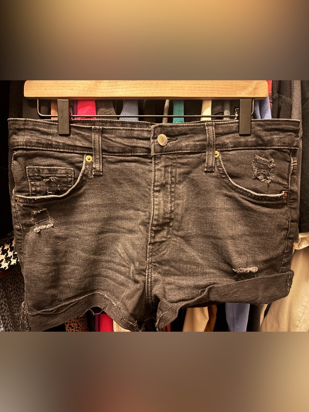 H&M Black Denim Shorts with Frayed Hem